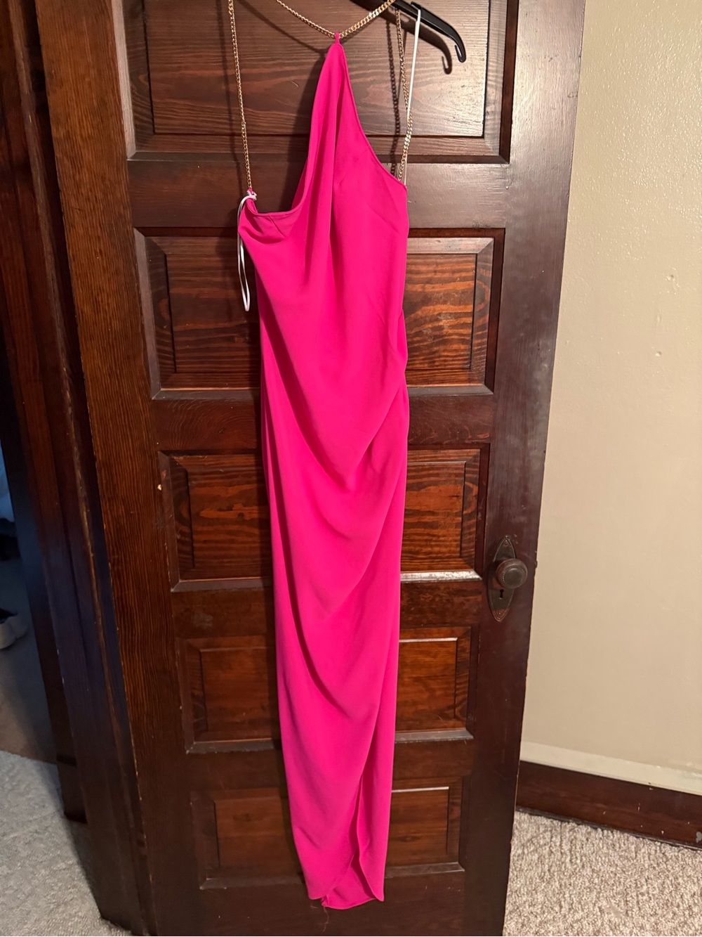 Amanda Uprichard Hot Pink One-Shoulder Chain-Strap Gown